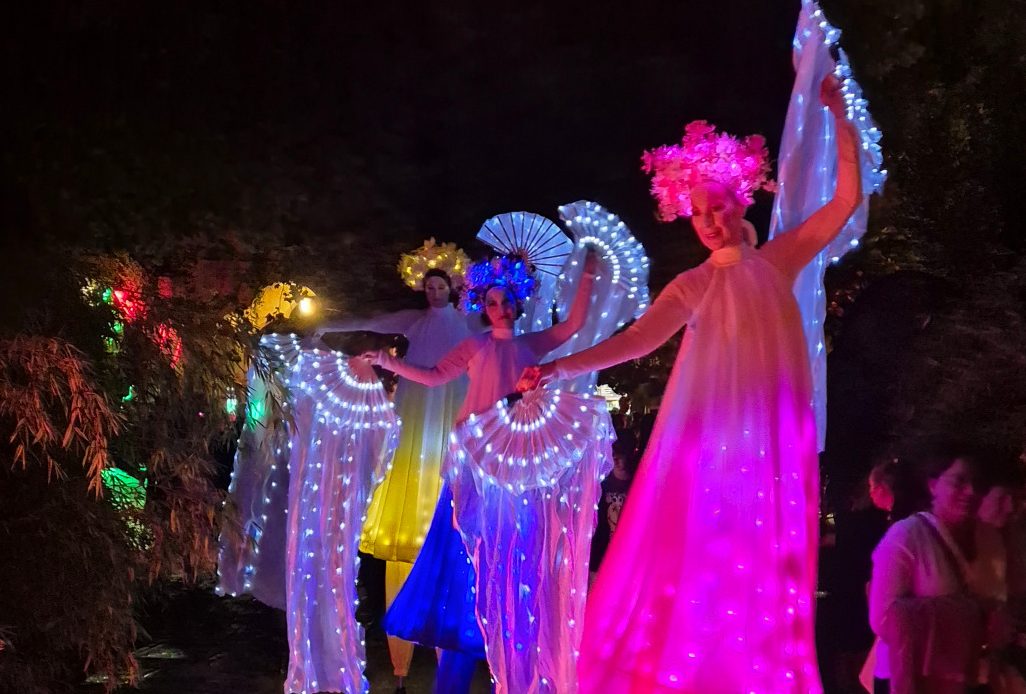 Künstler buchen, Walking Act Stelzen Performance, Blumen Act, Gartenmesse, LED Show